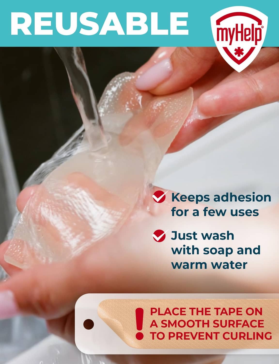 Beige silicone scar tape being rinsed under running water, reusable care
