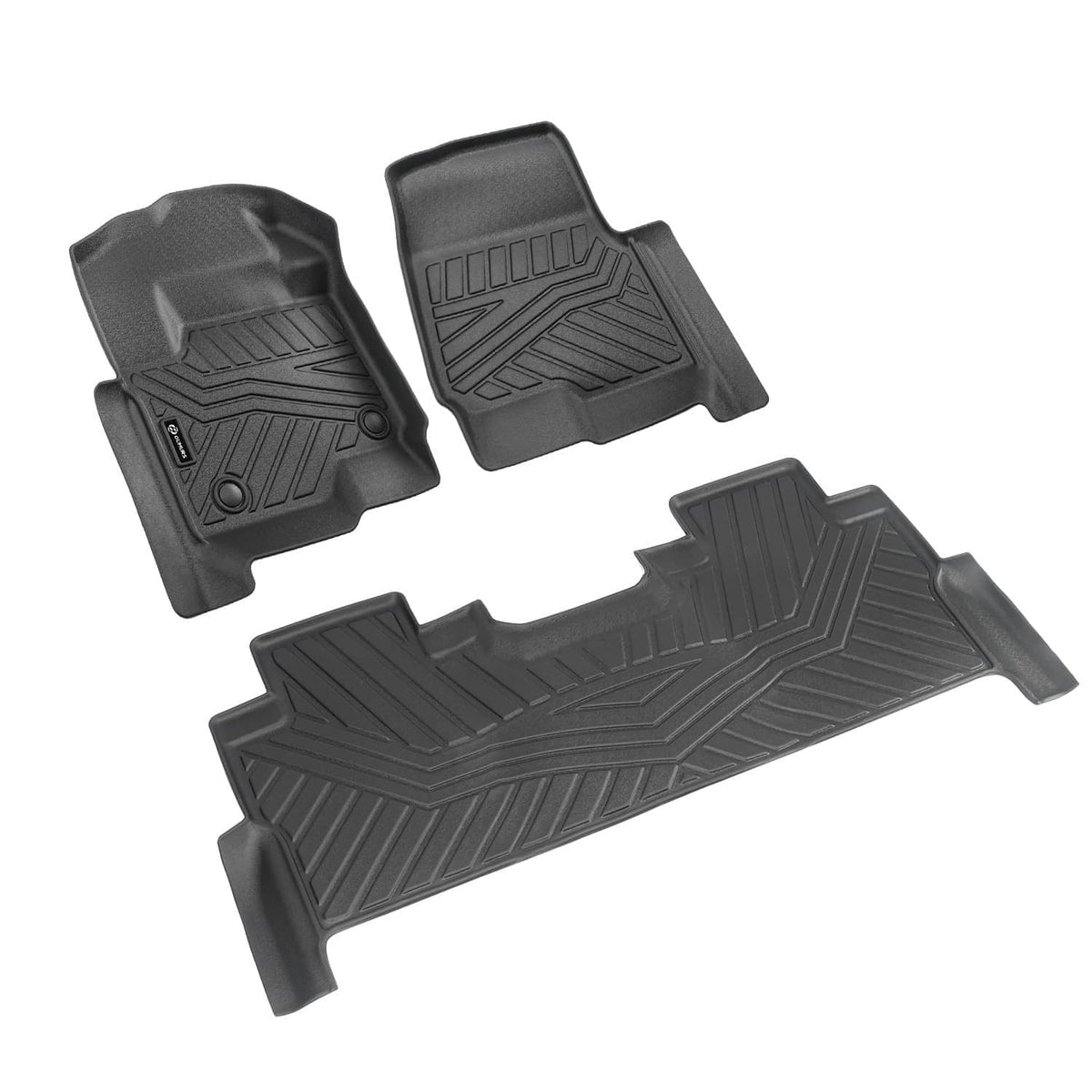 Black molded rubber floor mat set with raised ridges and protective side walls