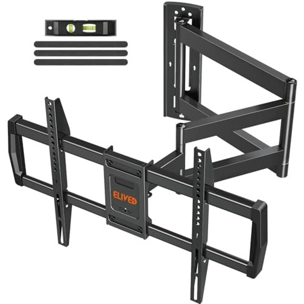 Black long-arm TV wall mount with extended arms and adjustable mounting rails