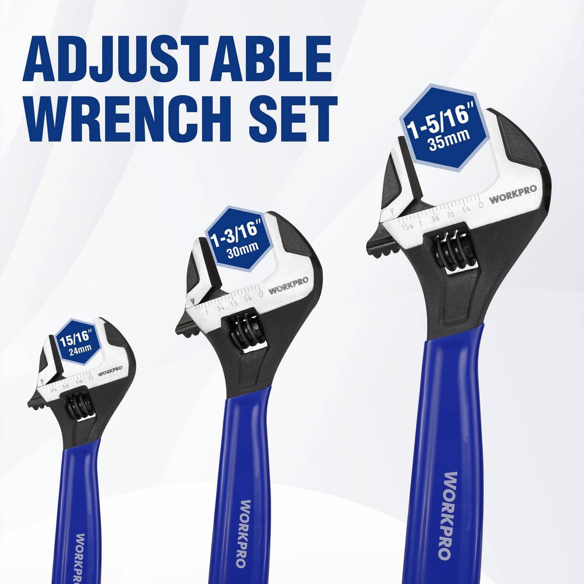 Adjustable wrench set showing multiple sizes: 6 in, 8 in, and 10 in wrenches