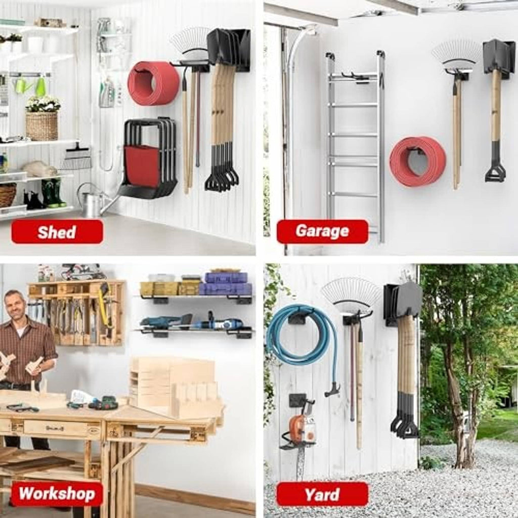 Black steel wall hooks for garage, shed, workshop, and yard tool storage