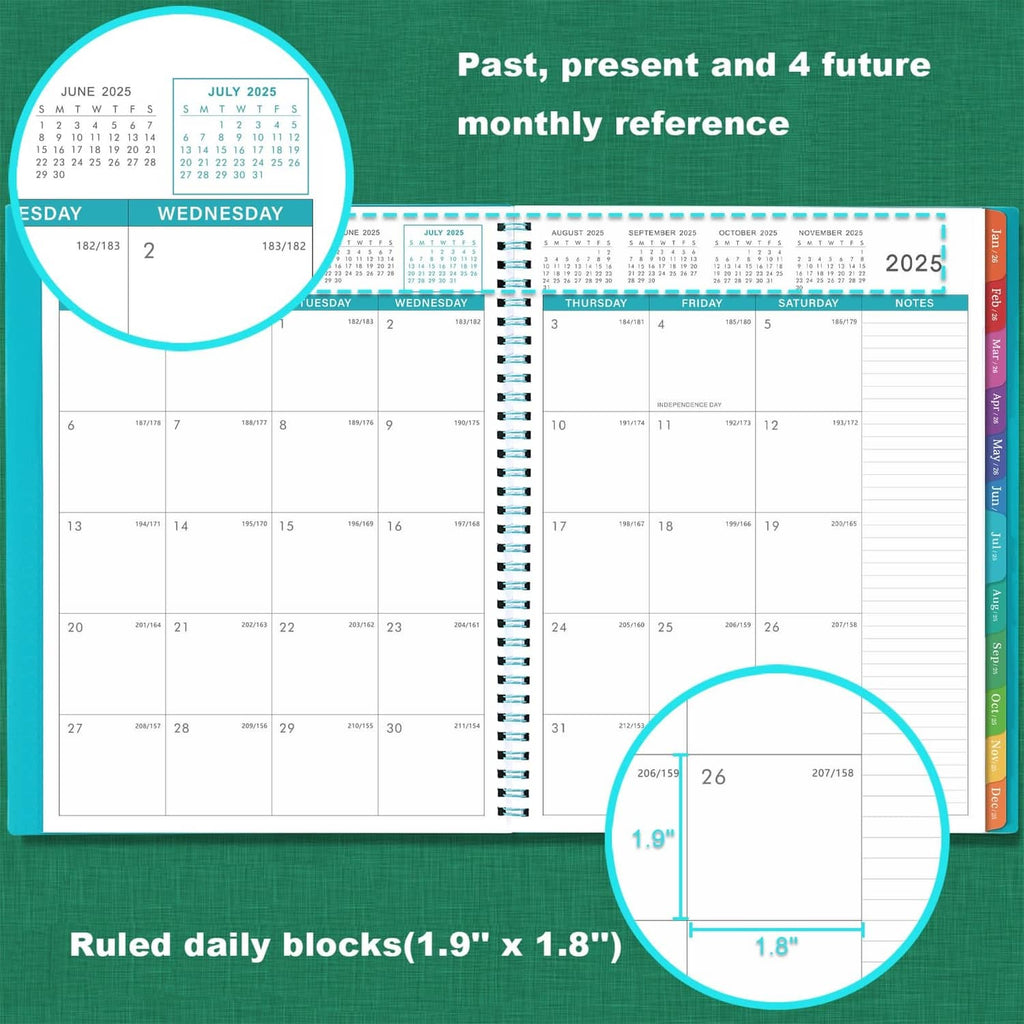 2025-2026 planner layout showing monthly calendar grid and ruled daily blocks