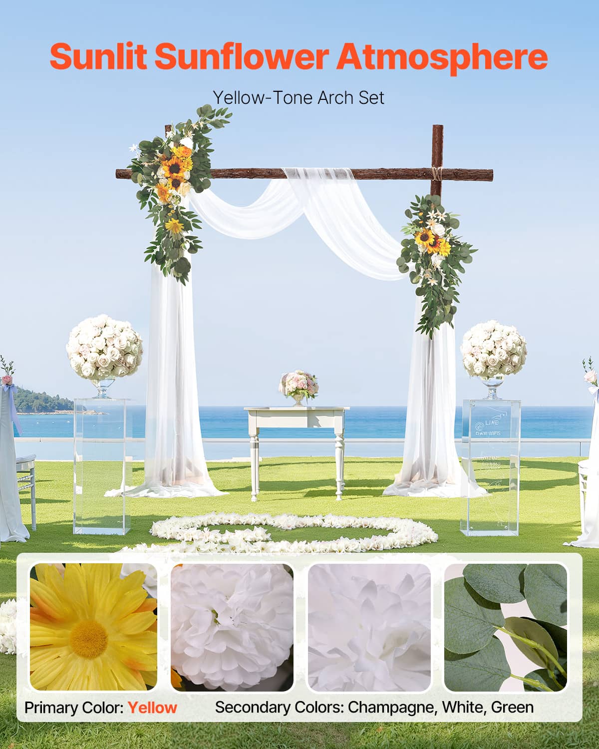 Wedding arch set with white draped fabric and yellow-orange faux flowers on greenery
