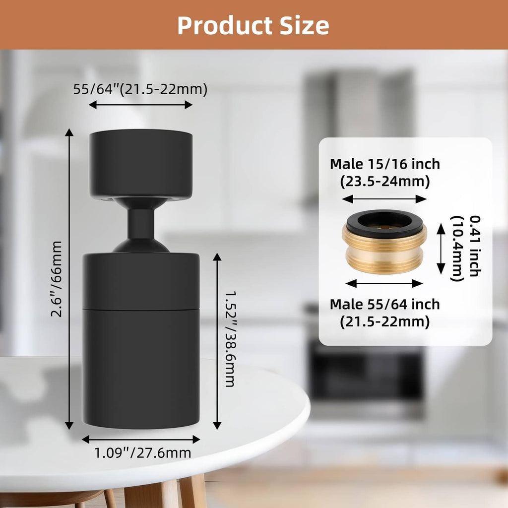 Matte black faucet aerator size diagram with measurements