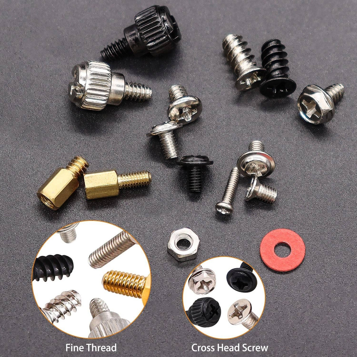 Close-up of mixed computer screws, nuts, washers, and red insulating washers