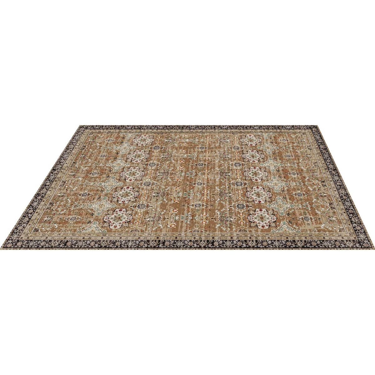 Vintage area rug, tan with ornate center medallion and detailed border