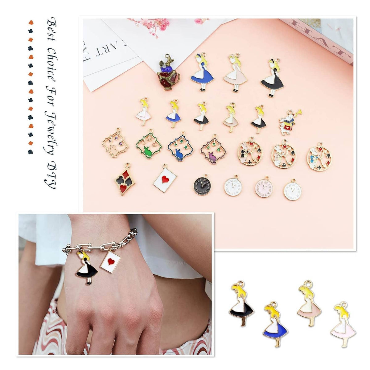 Assorted gold-plated enamel charm pendants arranged, including clocks, cards, and heart charms.