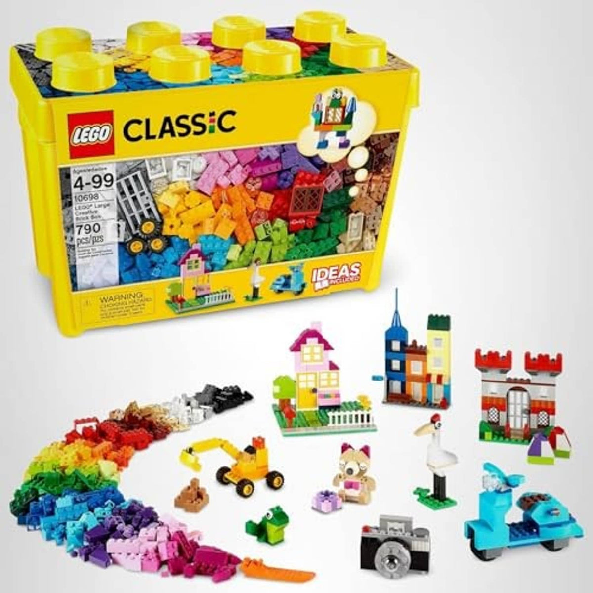 LEGO Classic brick box with multicolor bricks and several completed builds