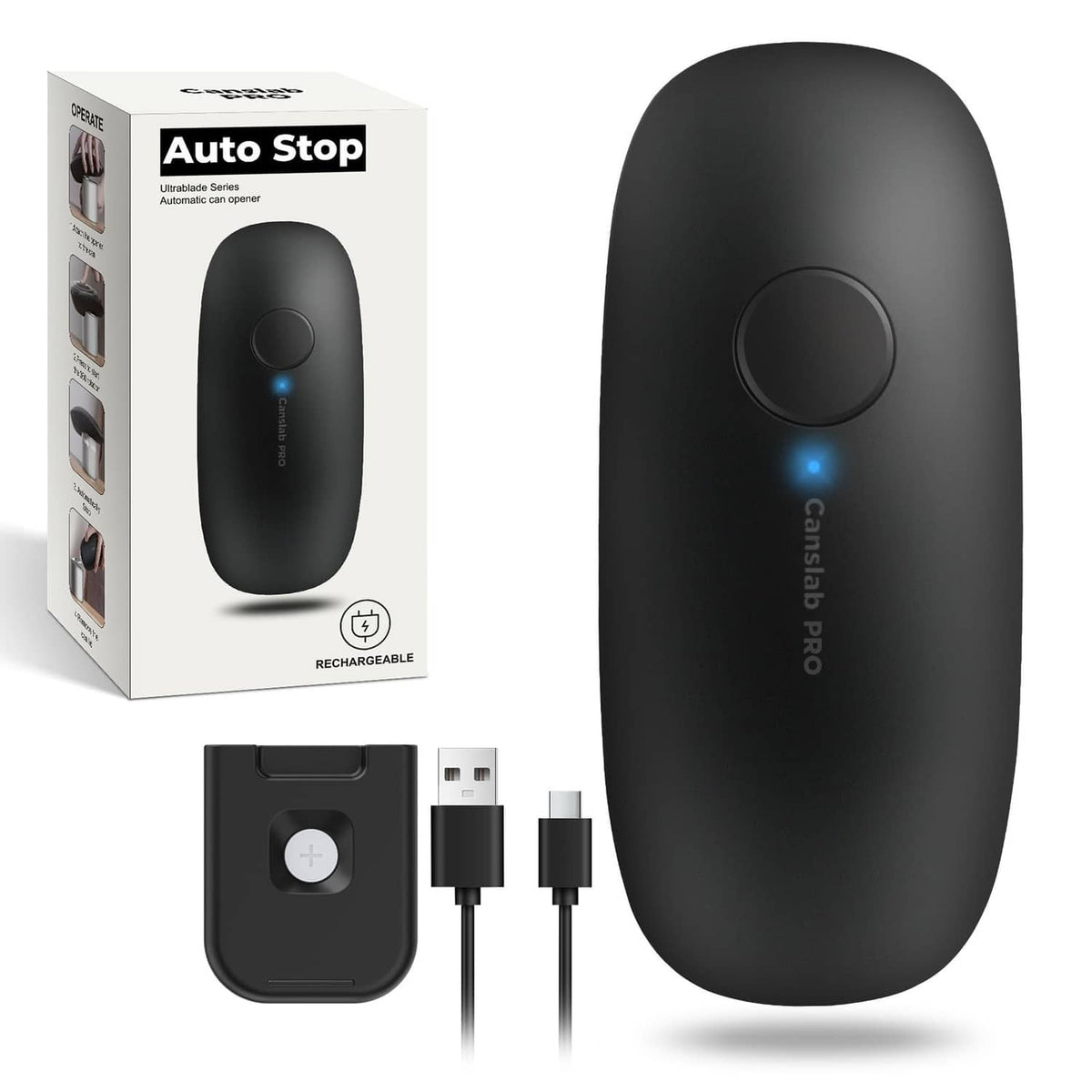 Black rechargeable electric can opener with auto-stop control and USB charging cables