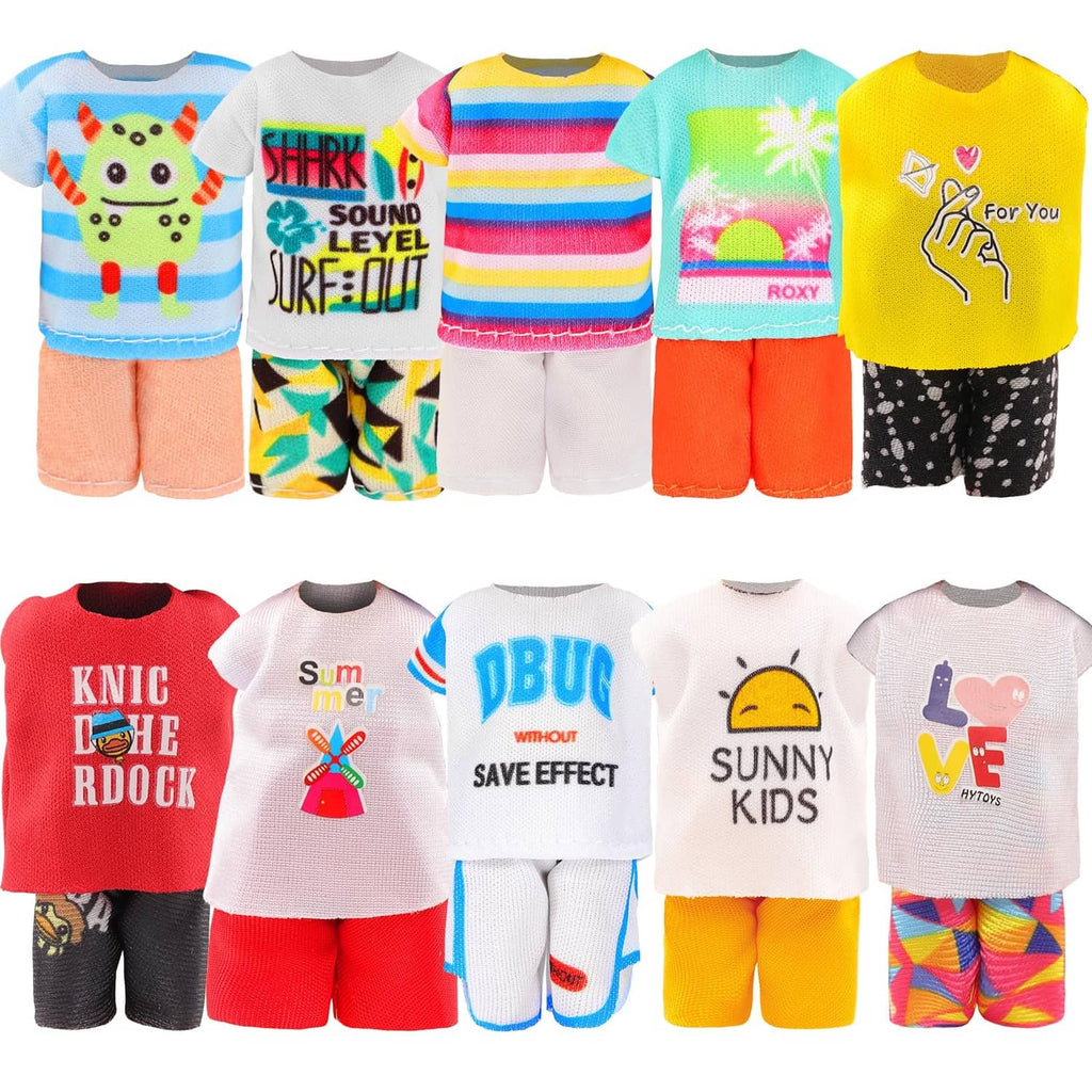 6-inch girl doll outfit set with graphic T-shirts and shorts in bright colors