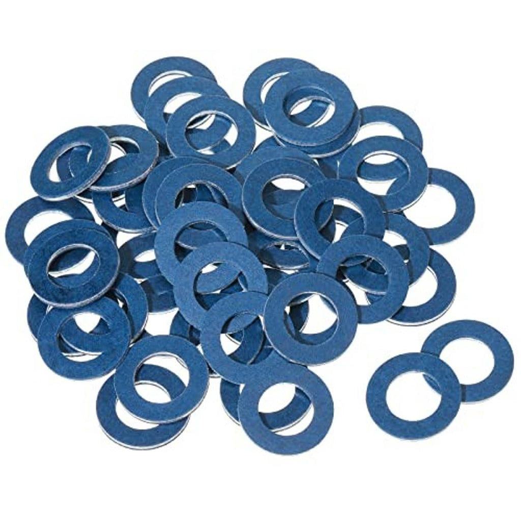 Blue metal crush washers, flat circular rings with center holes, mixed stack