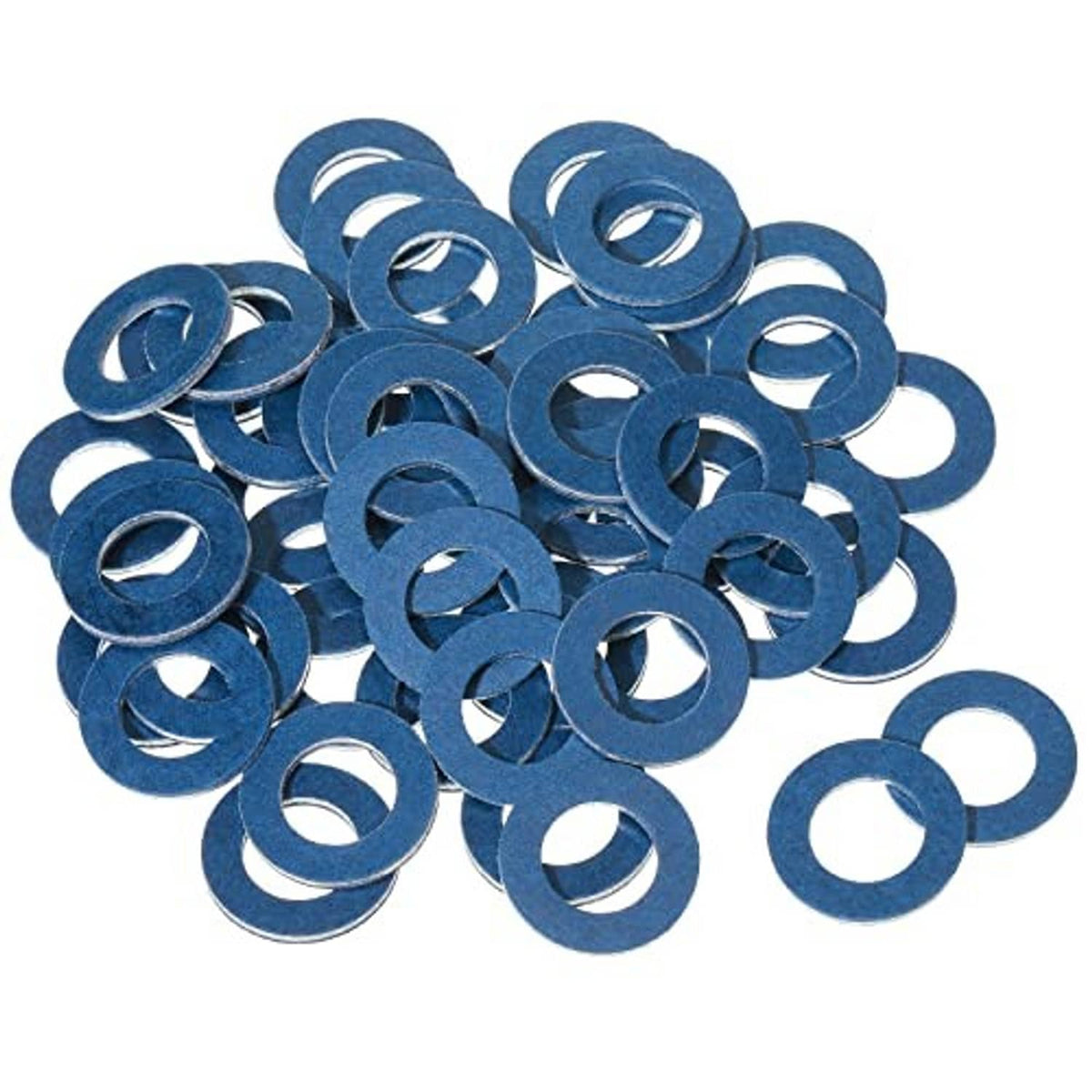 Blue metal crush washers, flat circular rings with center holes, mixed stack