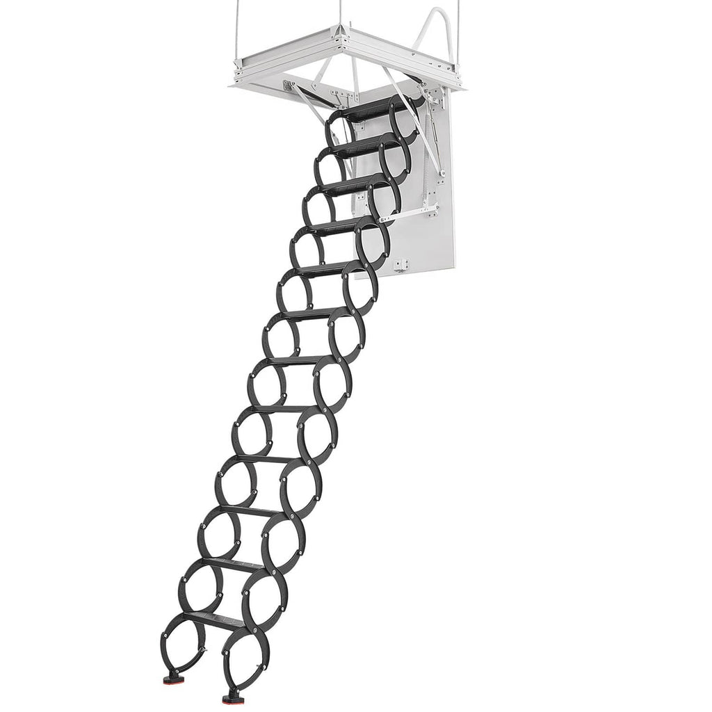 Ceiling-mounted folding attic ladder with 12 dark non-slip step circles