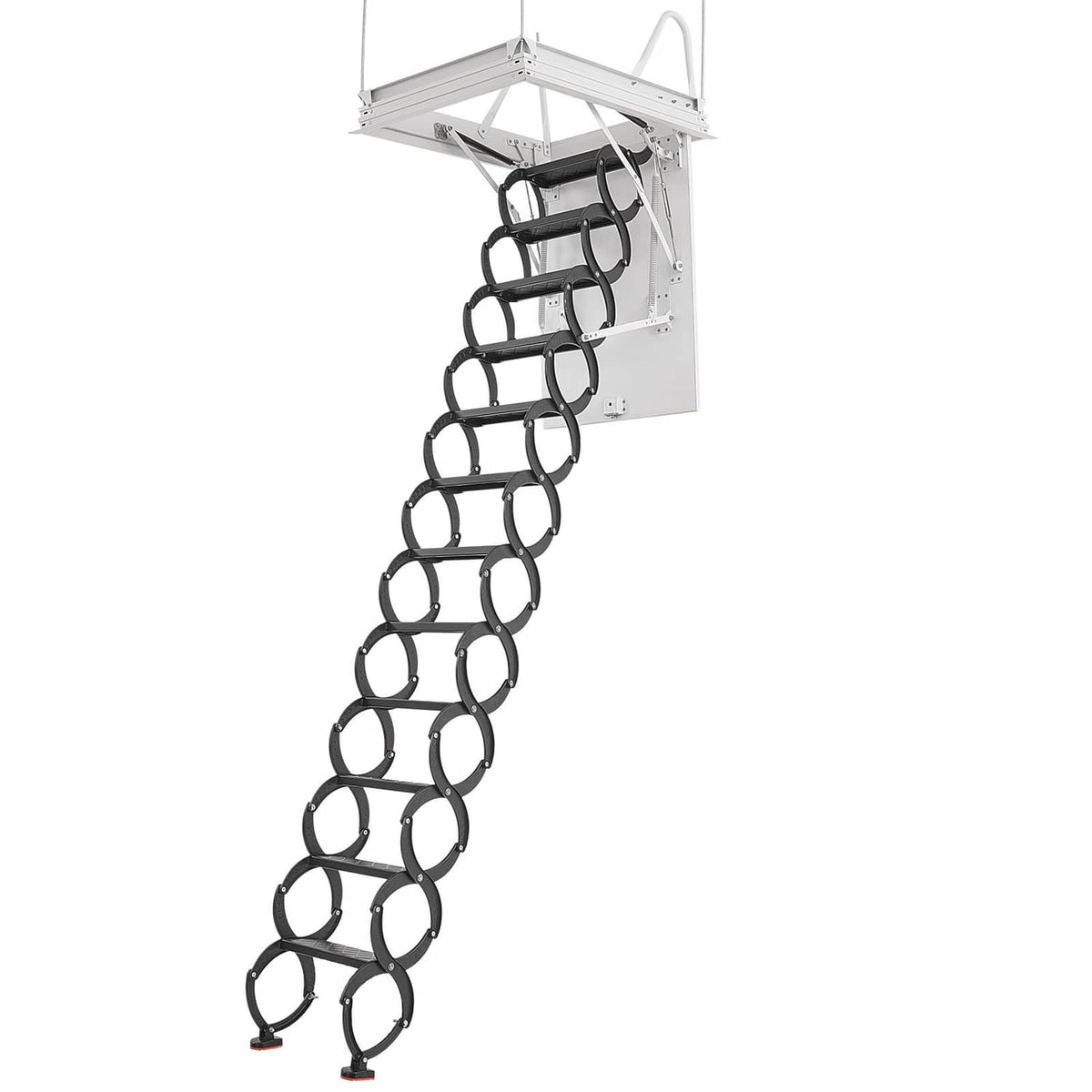 Ceiling-mounted folding attic ladder with 12 dark non-slip step circles