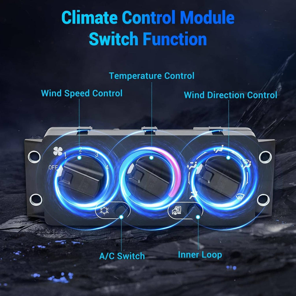 A/C climate control module switch panel with illuminated blue control rings and rotary dials
