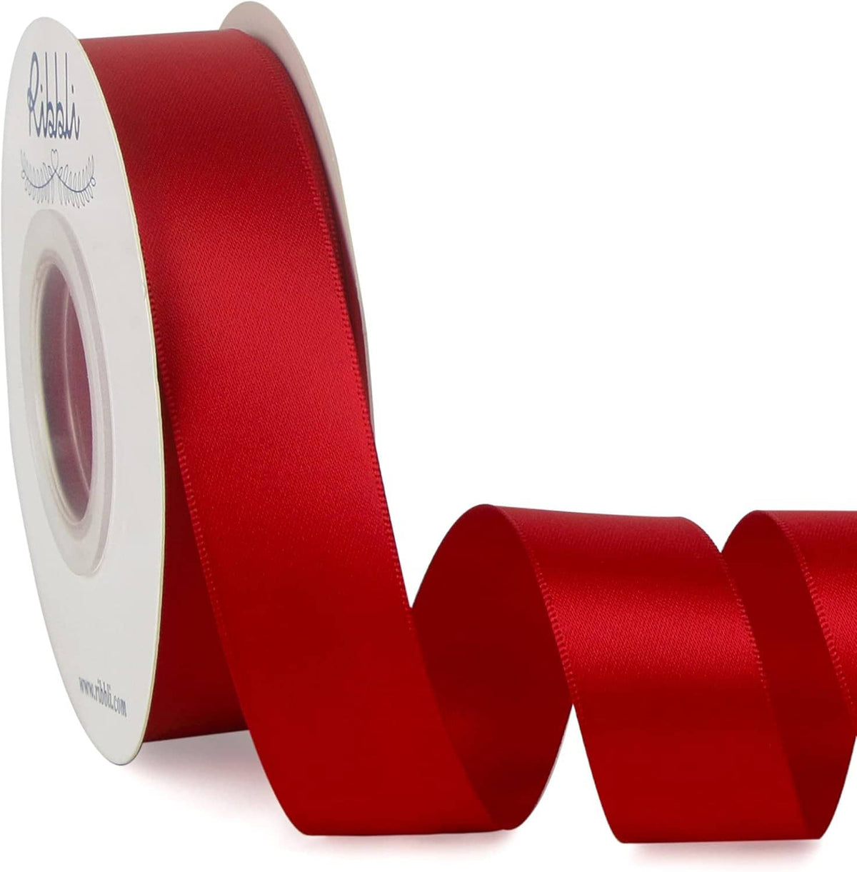 Red satin ribbon roll with ribbon strand, double-faced look, smooth 1-inch width