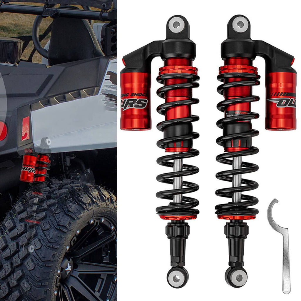 Set of two rear air shocks absorbers with red reservoirs, black coil springs, mounting eyes
