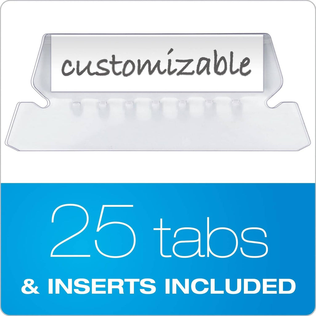 Green hanging file folder packaging showing '25 tabs' and inserts included