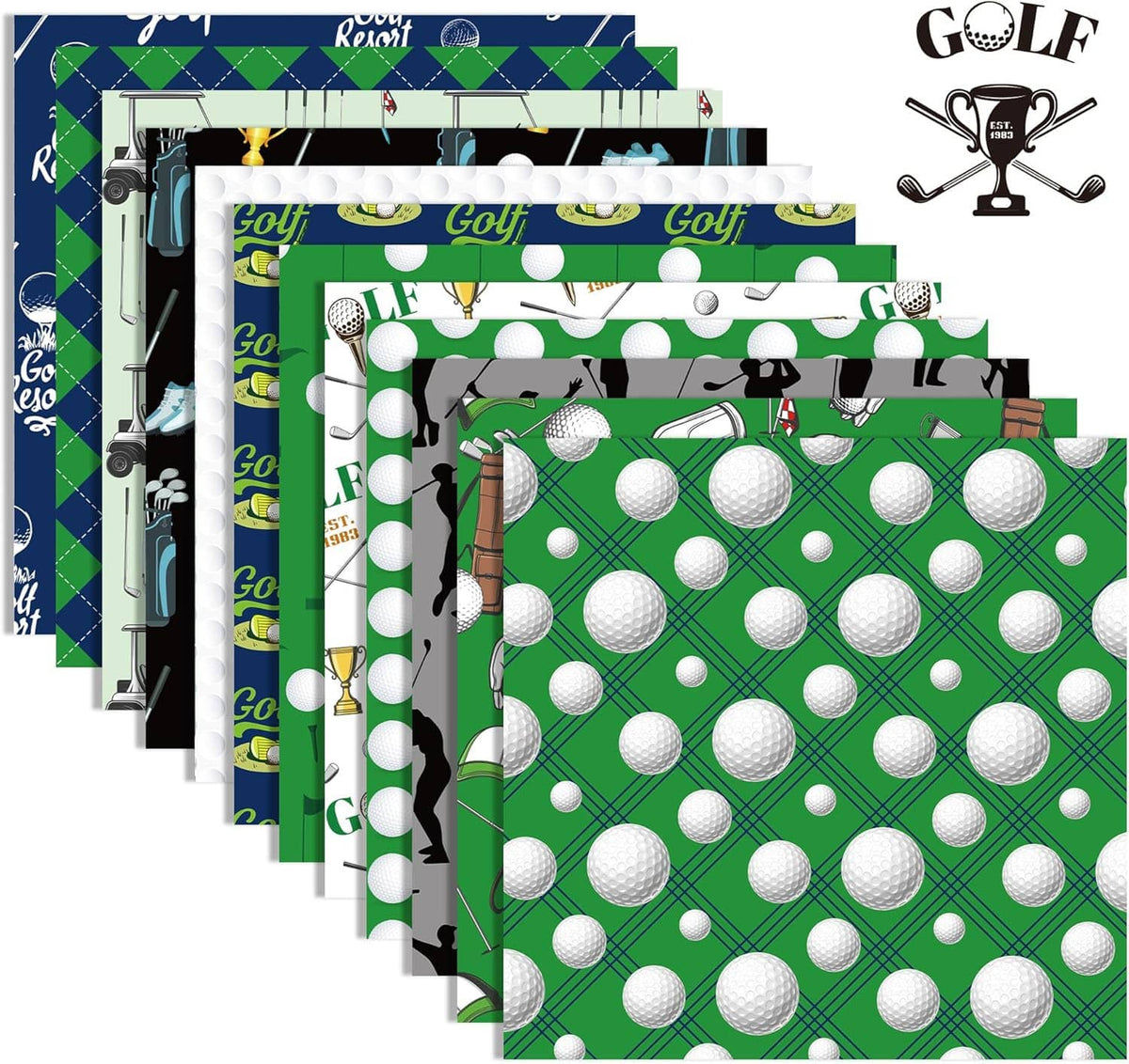 Stack of golf scrapbook paper sheets in green, white, and navy with golf ball and tee patterns