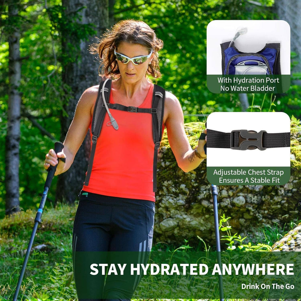 Blue hiking backpack worn with adjustable chest strap and padded shoulder straps