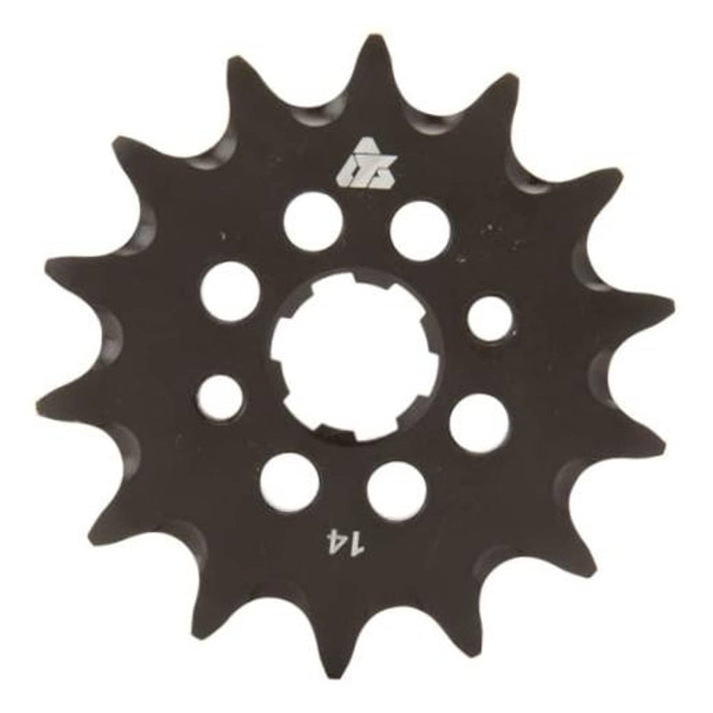 Black 14-tooth front sprocket with center bore and mounting holes
