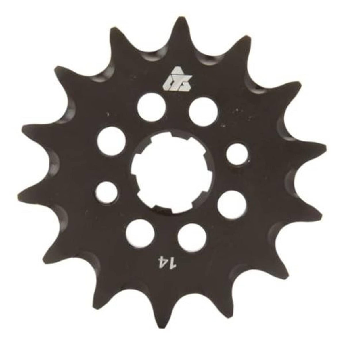 Black 14-tooth front sprocket with center bore and mounting holes