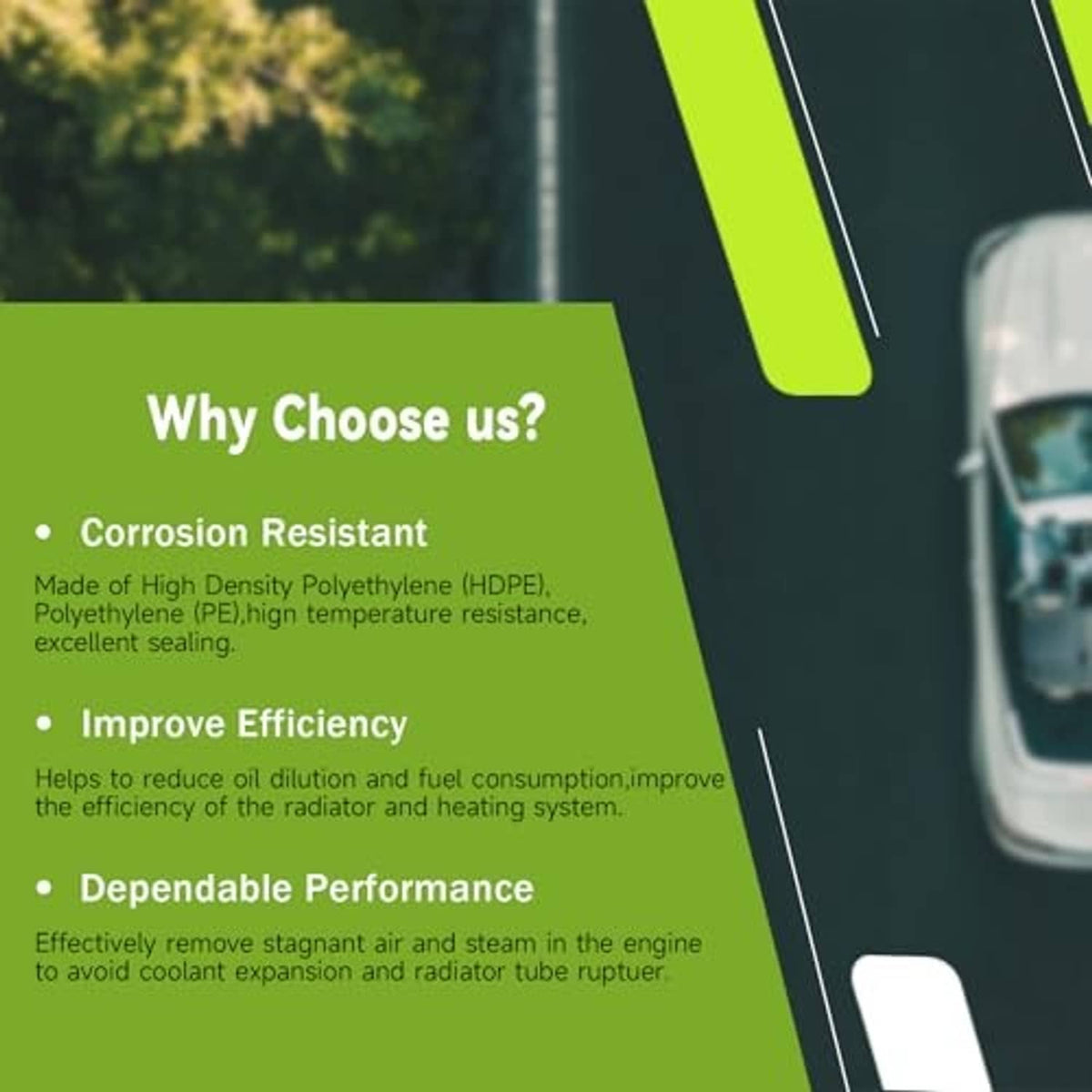 Black coolant reservoir tank with cap, front three-quarter view
