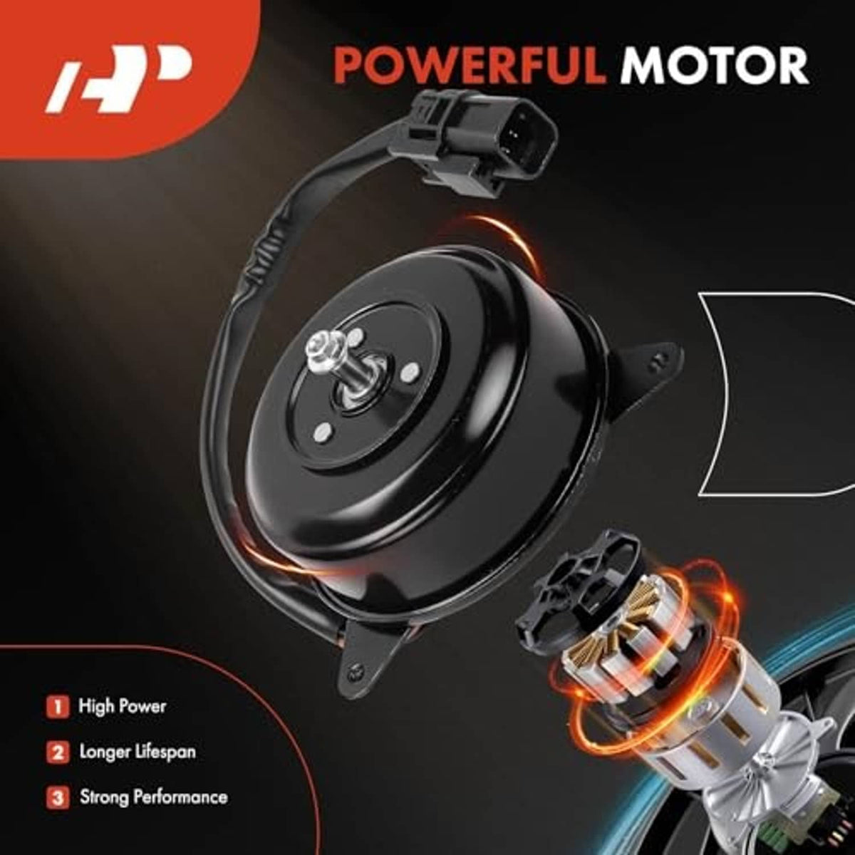 Radiator fan motor with black housing and electrical connector, showing mounting bracket