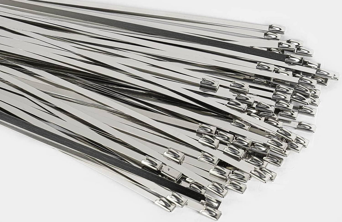 Row of metal zip ties with stainless steel straps and metal locking heads
