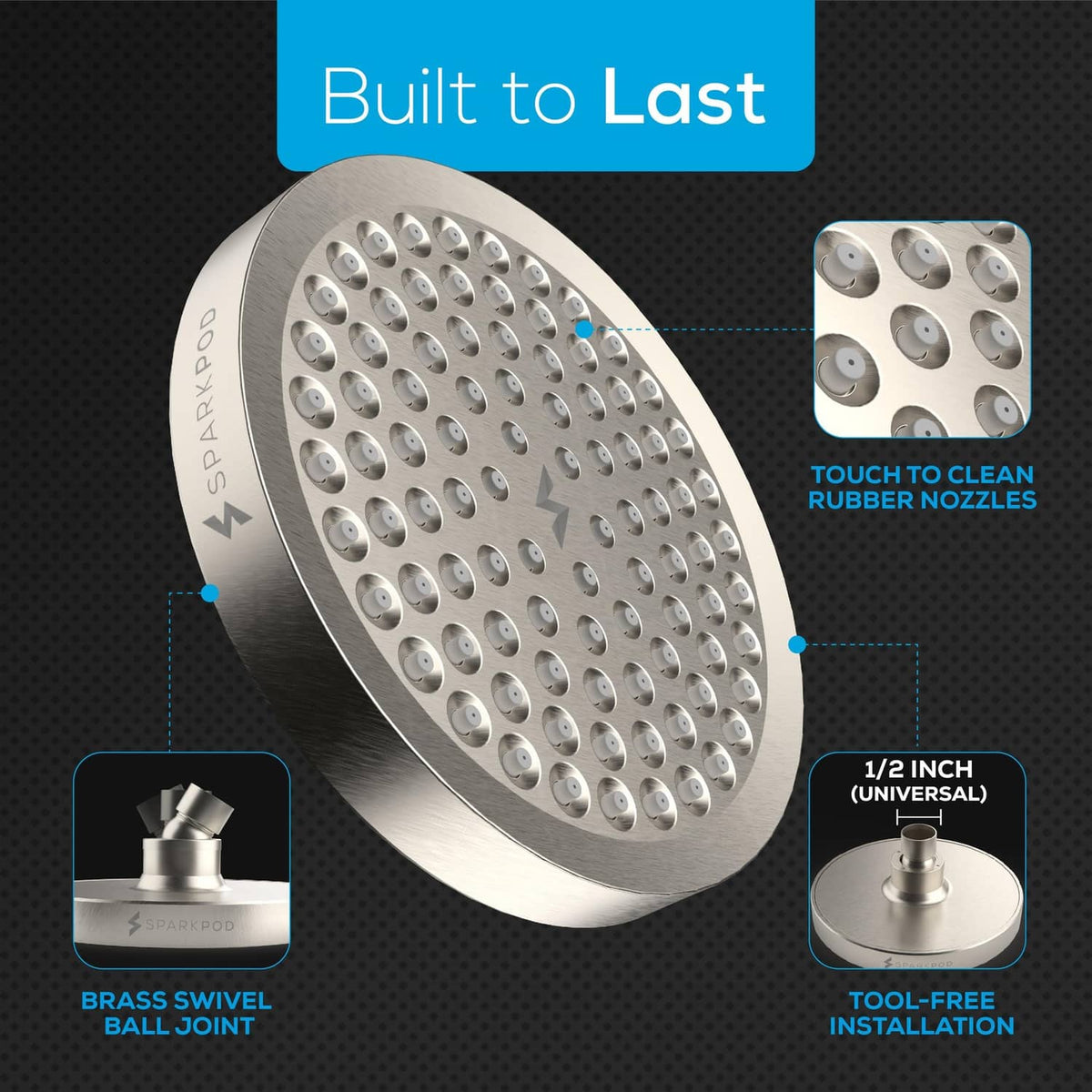 Round rain shower head with touch-clean rubber nozzles and brass swivel ball joint