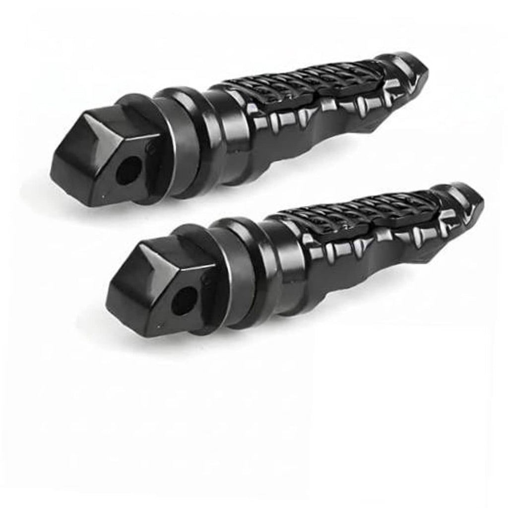 Pair of black anti-slip motorcycle foot pegs with textured tread and screw-hole mount
