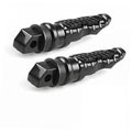 Pair of black anti-slip motorcycle foot pegs with textured tread and screw-hole mount