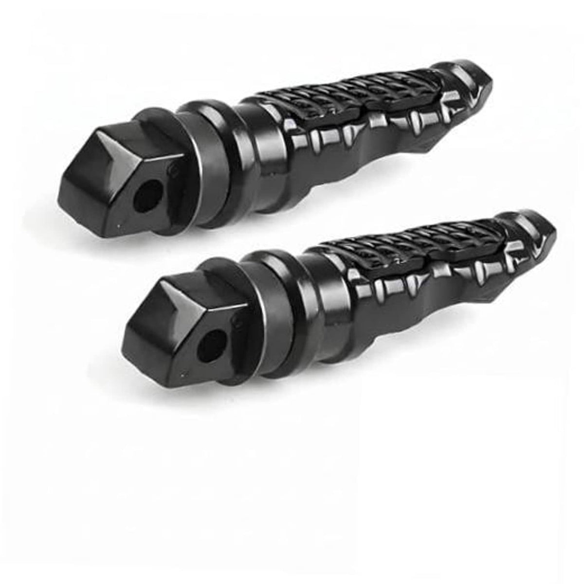 Pair of black anti-slip motorcycle foot pegs with textured tread and screw-hole mount