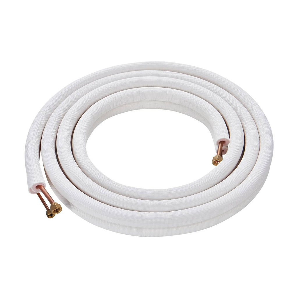 Coiled insulated mini split line set with white sleeve and exposed copper pipe fittings