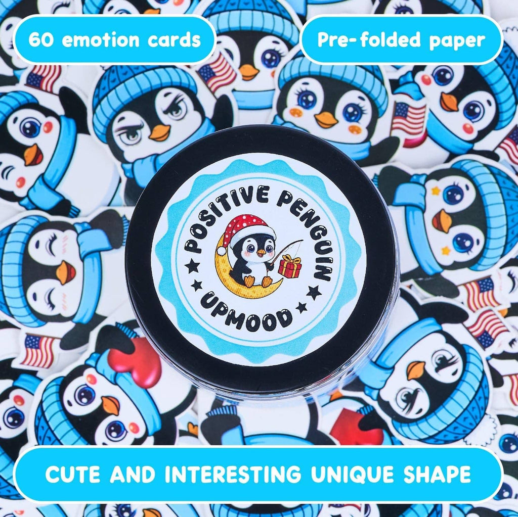 Close-up of penguin-themed cards with round jar seal design and card text