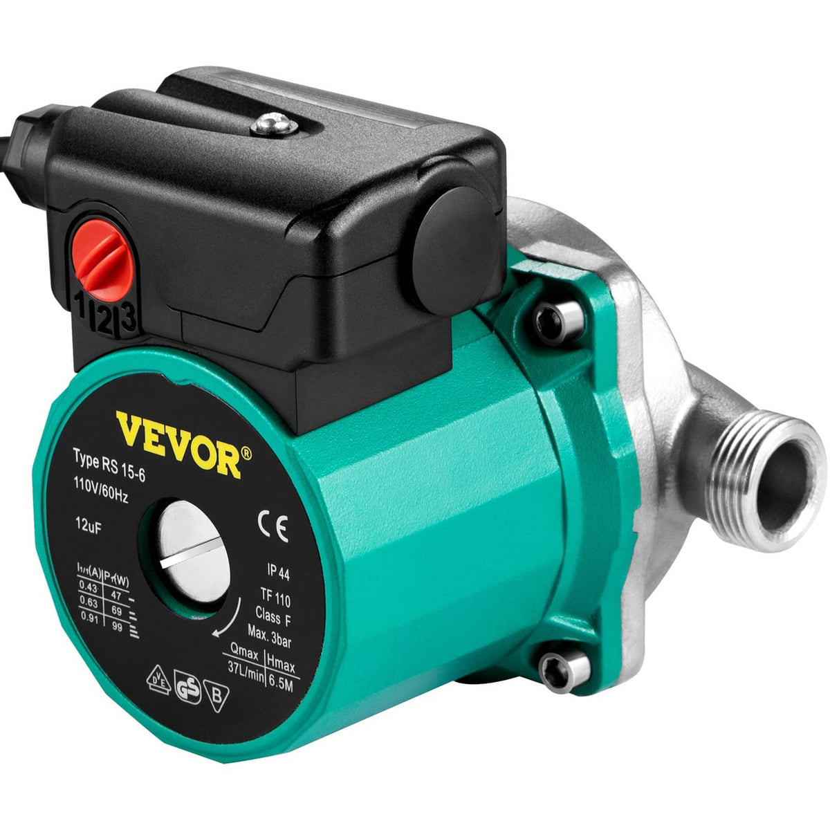 VEVOR hot water circulation pump, black motor housing and teal body with NPT connection