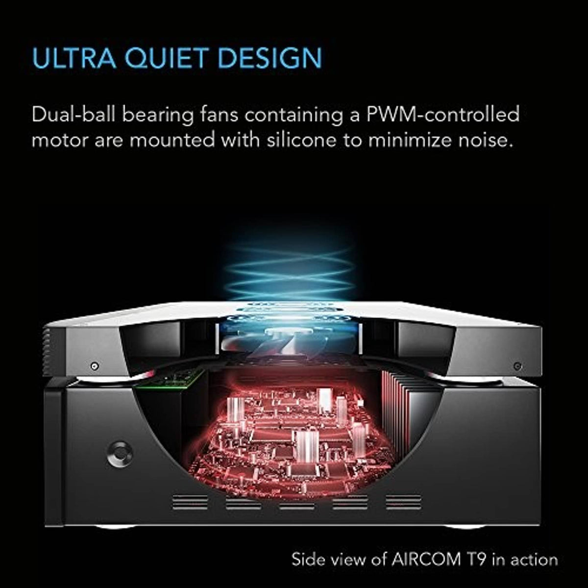 Black cooling fan system with open interior view showing dual-fan layout