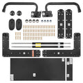 Murphy bed hardware kit with black metal plates, rods, screws, and mounting brackets