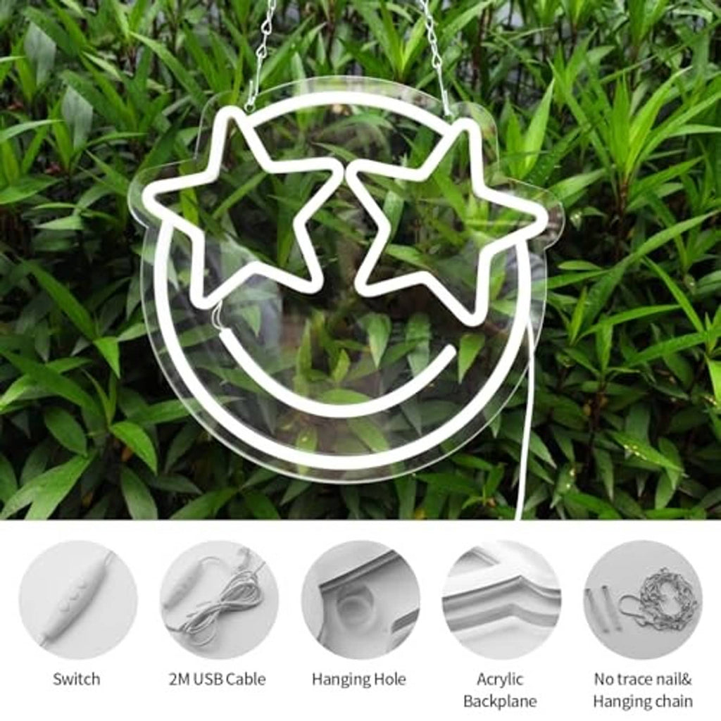 White LED neon smiley sign with two stars, hanging chain and USB cable included