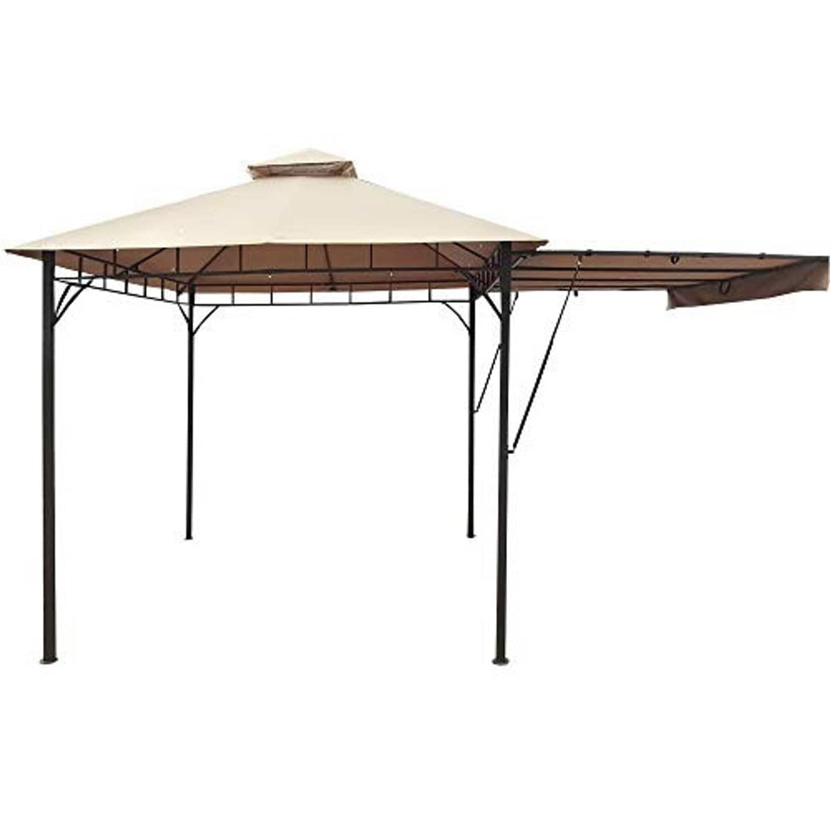 Beige replacement gazebo canopy top with extended side awning and brown steel frame