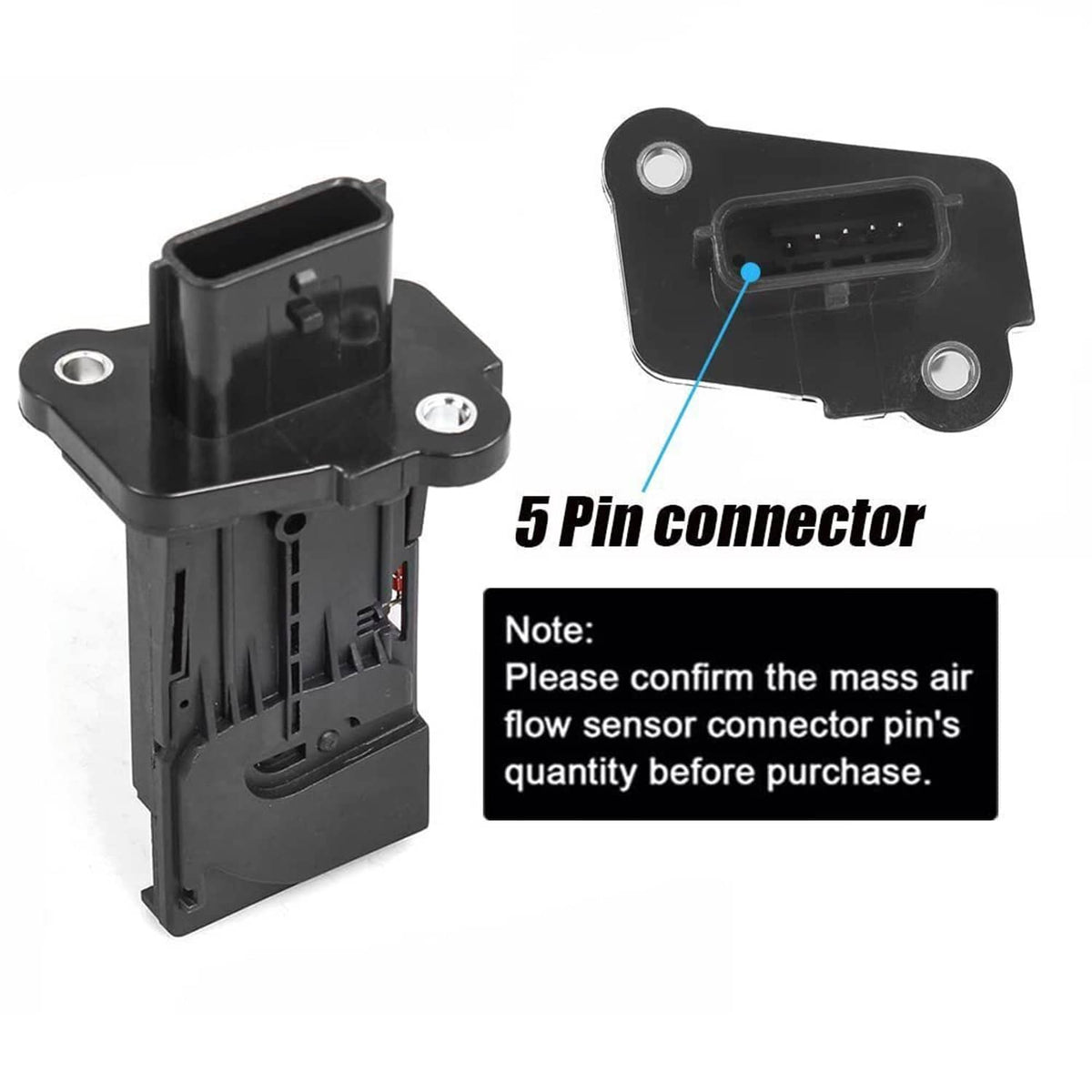 Black mass air flow sensor with 5-pin connector and rear mounting bracket