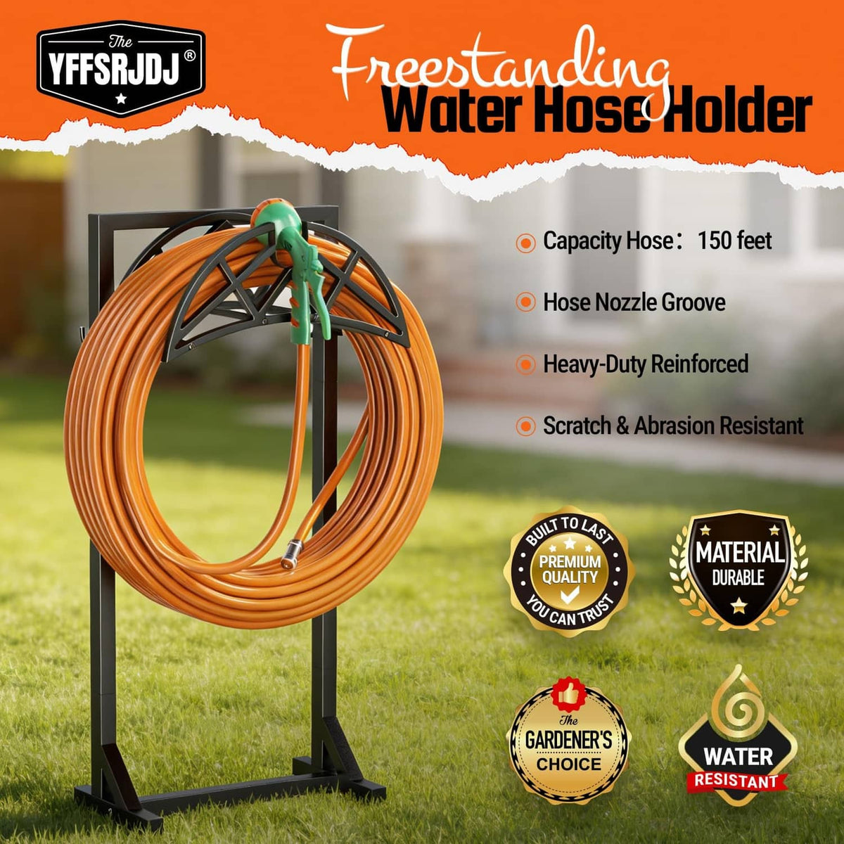 Garden hose holder stand with orange coiled hose and green nozzle on black frame.