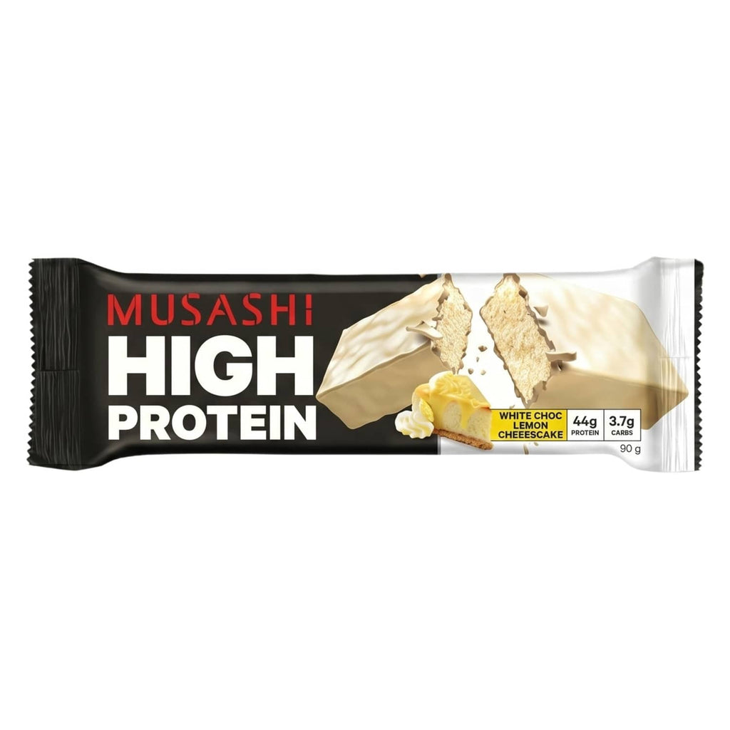 White chocolate and lemon cheesecake protein bar in black wrapper, front view