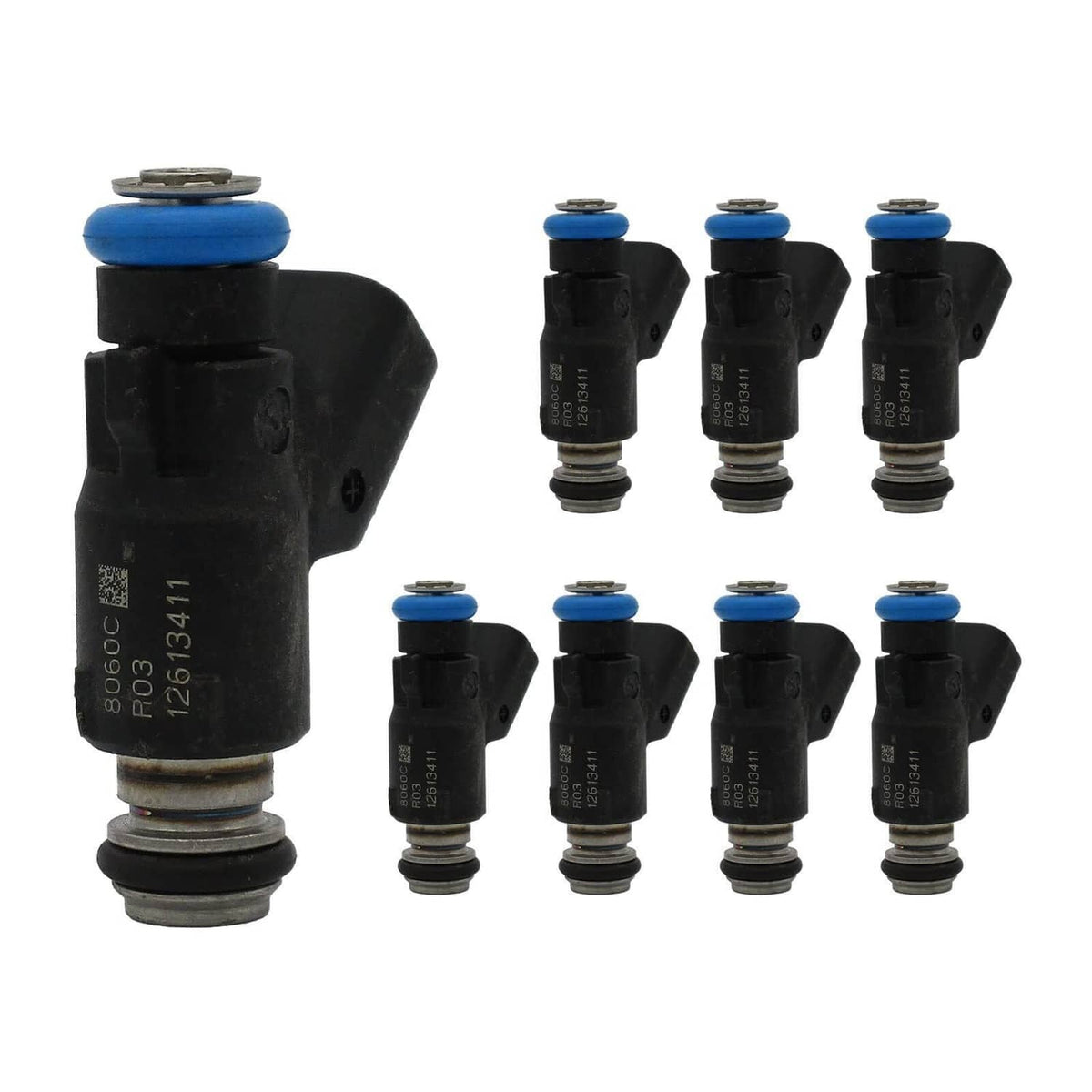 Set of eight black fuel injectors with blue seals and metal nozzle ends