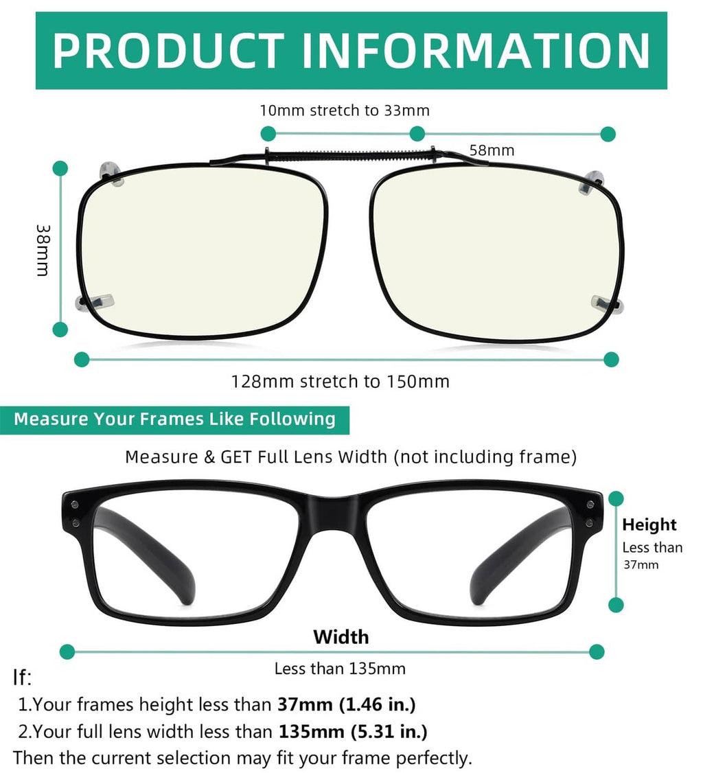 Clip-on blue light blocking glasses on size diagram, black frame with pale lenses