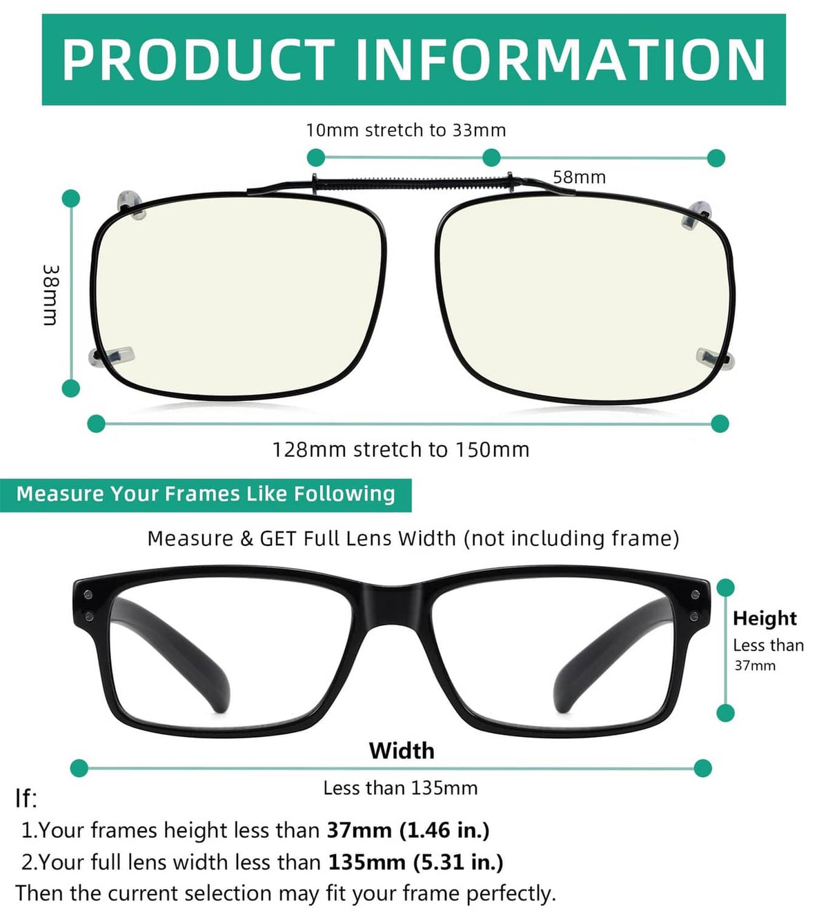 Clip-on blue light blocking glasses on size diagram, black frame with pale lenses