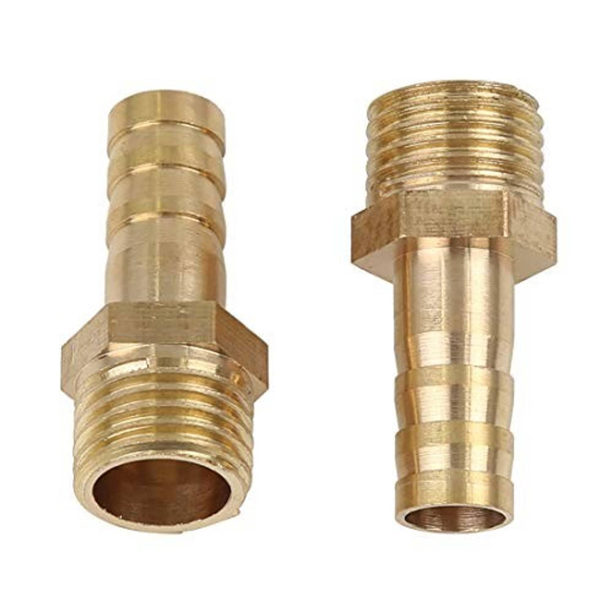 Brass hose barb fitting connectors, showing 1/4 in NPT male thread ends