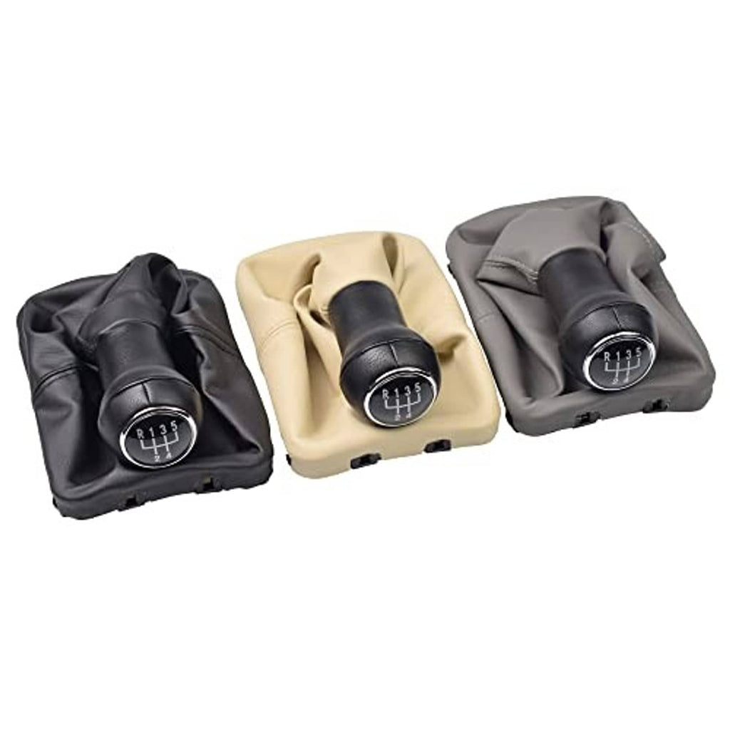 Leather gear shift knob and boot set in black, beige, and dark gray