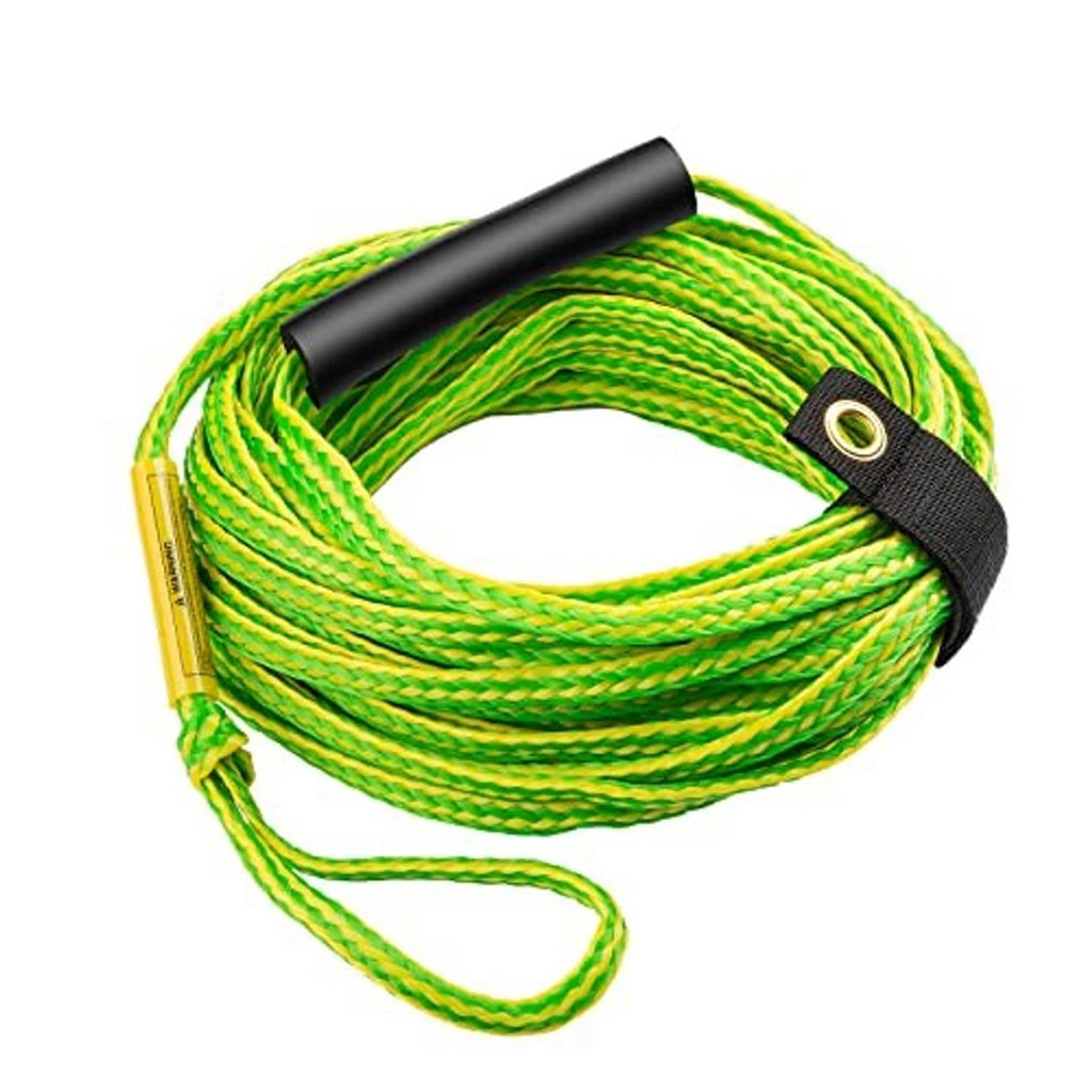 Coiled bright green tow rope with black handle and fabric keeper strap