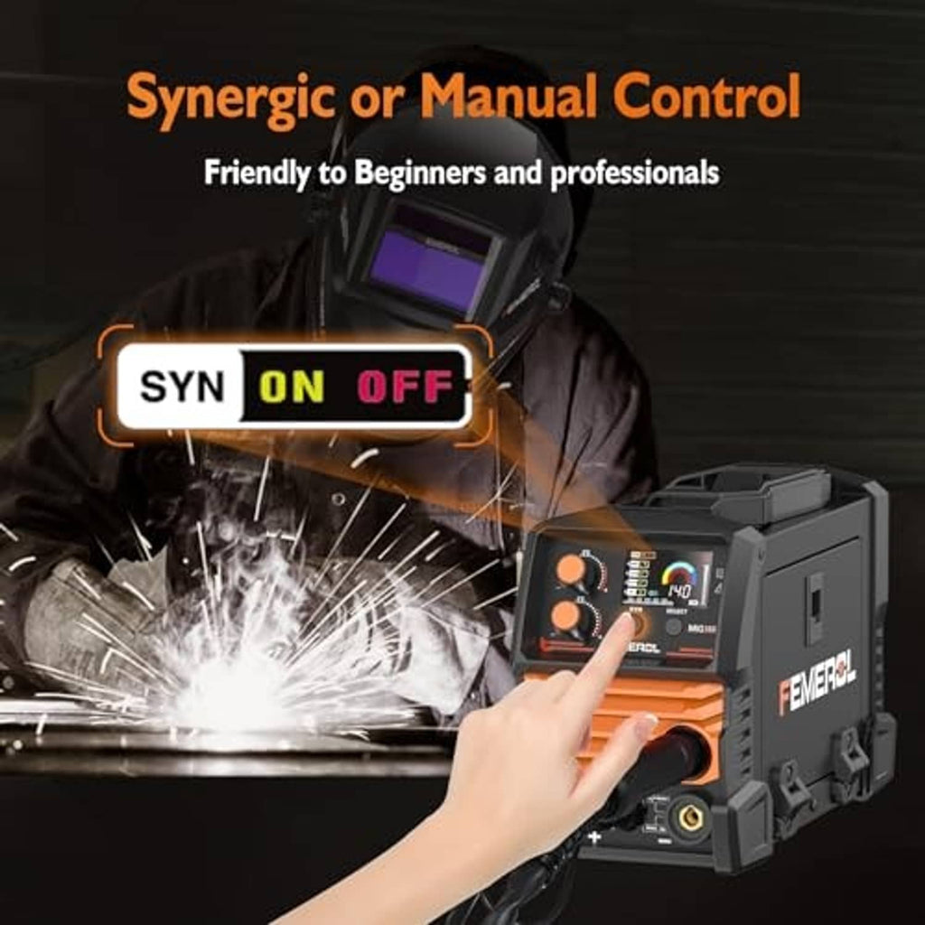 Welding machine with front knob controls and purple LCD, hand adjusting settings